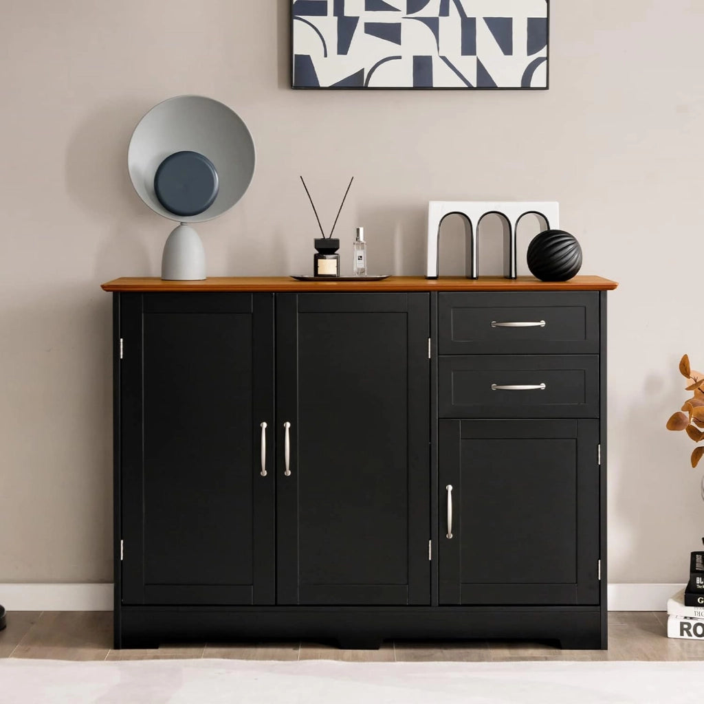 Credenza Cucina Multiuso e Moderno, Madia da Cucina con 2 Armadi, Ante e 2 Cassetti, Mobile Dimpensa Portaoggetti per Sala da Pranzo, Soggiorno, 100 x 40 x 78 cm (Nero)
