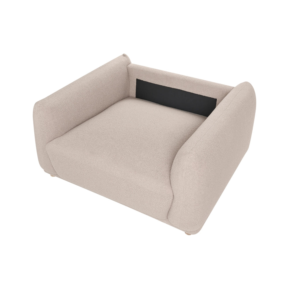 Poltrona beige in bouclé con rivestimento in tessuto e gambe in legno massello, per il soggiorno, con braccioli, in stile moderno