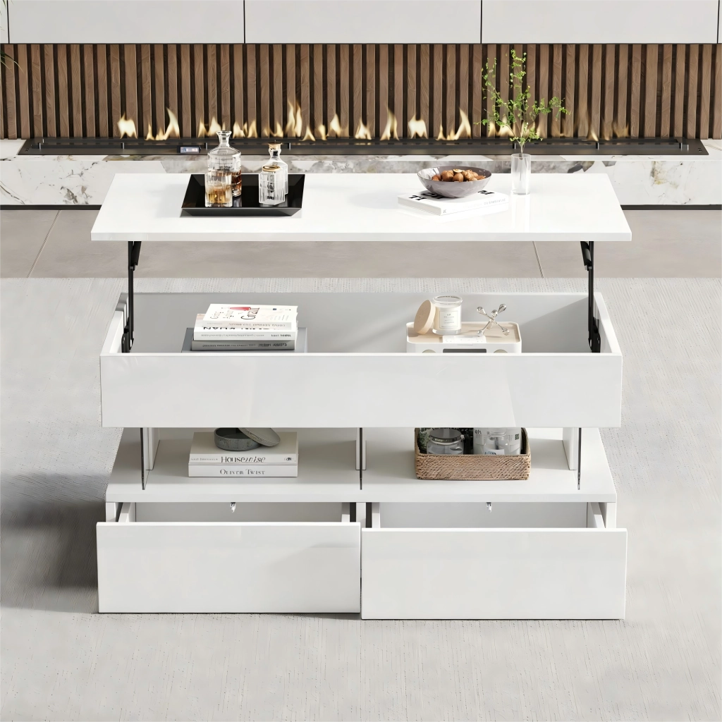 TAVOLINO 100 x 50 x 46 cm bianco in MDF con piano sollevabile, 2 cassetti e LED