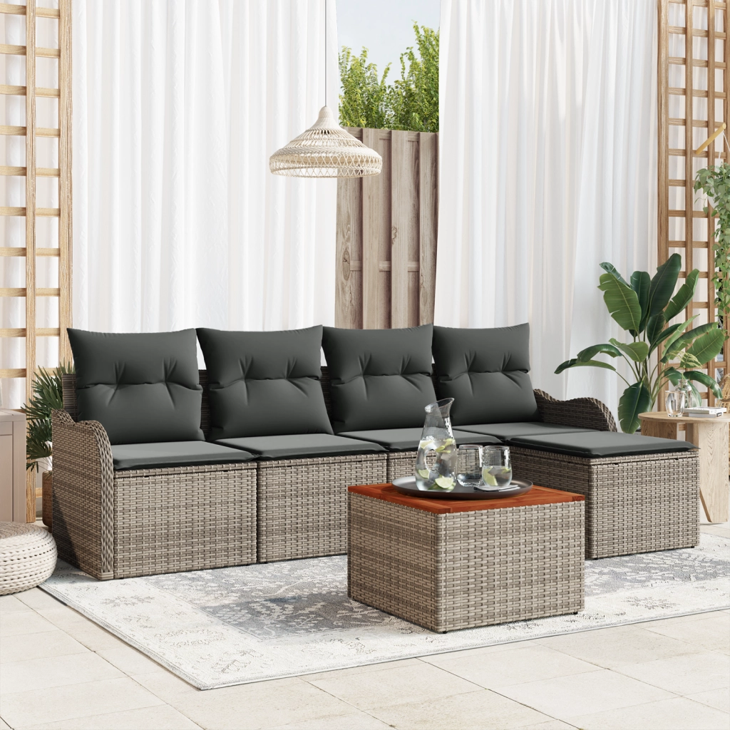Set di divani da giardino 6 pezzi con cuscini grigi in polyrattan acacia