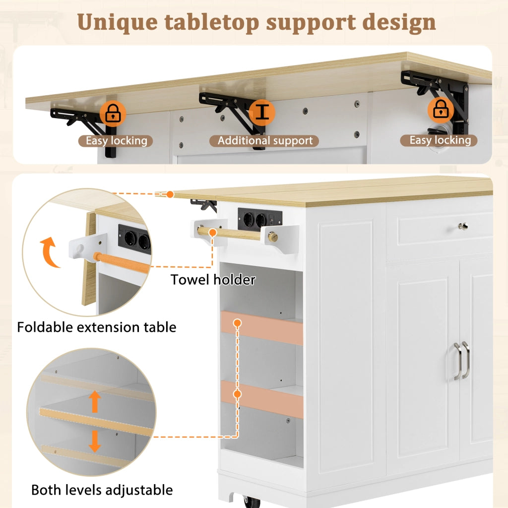 Carrello da Cucina con Piano Ribaltabile; Prese e Vano per Rifiuti; in MDF; Bianco e Naturale; 131;8 x 40-70 x 93;3 cm