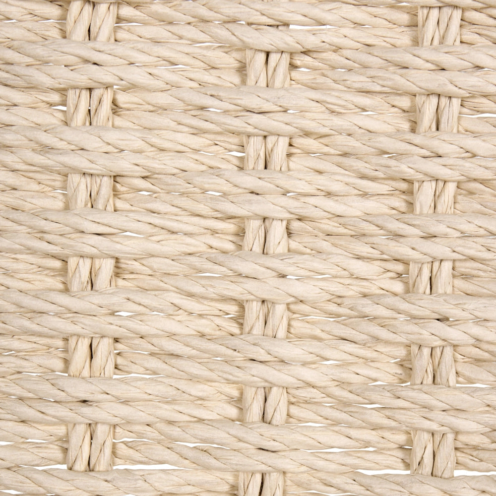 Poltrona marrone chiaro in legno di gomma con seduta intrecciata in corda di carta, stile boho, sala da pranzo
