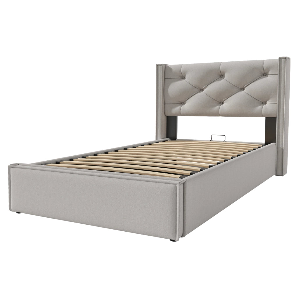 Letto Singolo 90x200 Grigio Chiaro con Contenitore Idraulico; Testiera Imbottita e Rete a Doghe