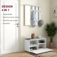 Set Mobili da Ingresso con Appendiabiti, Specchio, Panca con Cuscini e Scarpiera per 8 Paia di Scarpe, Bianco