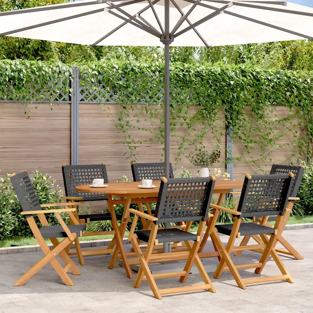 Sedie Giardino Pieghevoli 6 pz | Sedie da Esterno Nere Polyrattan e Legno Massello