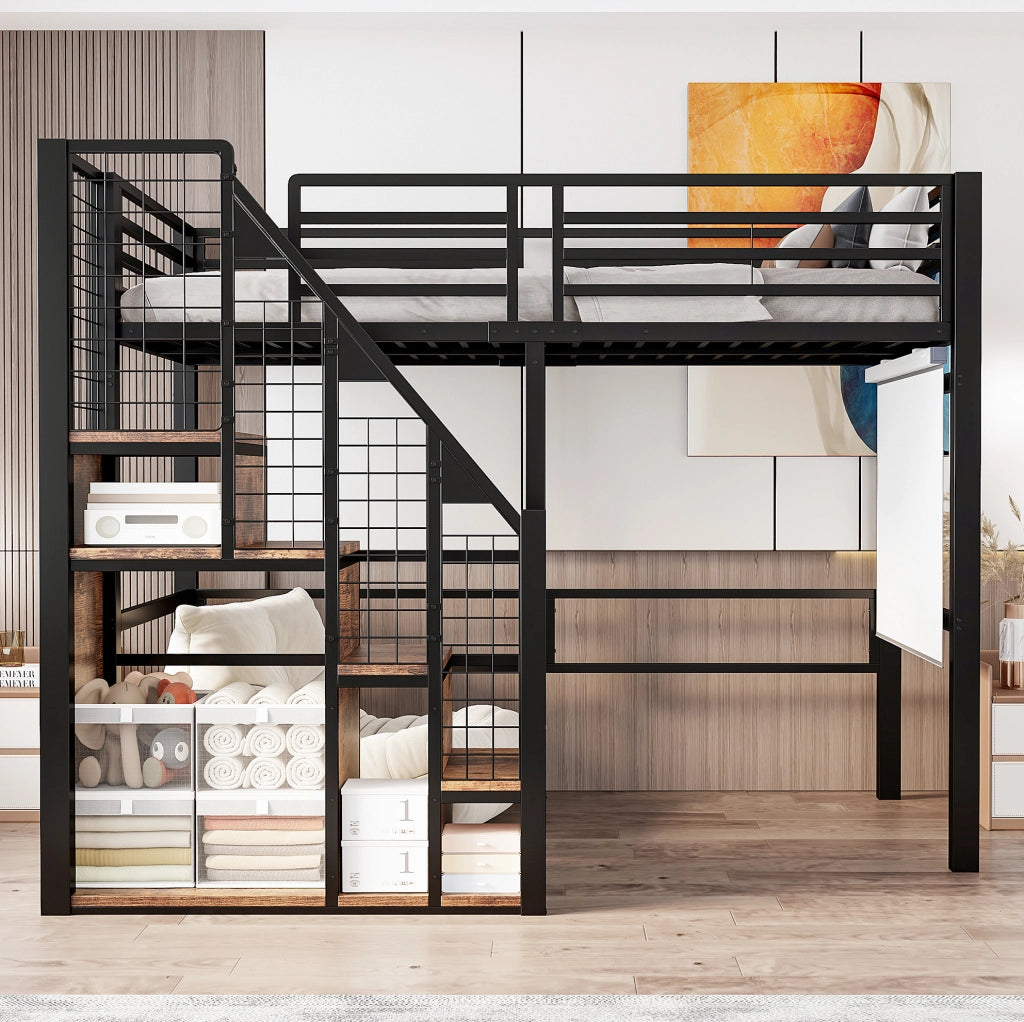 Letto Singolo a Soppalco con Scala di Sicurezza 90x200 cm in Ferro Nero con Area Ripostiglio per Ragazzi e Bambini