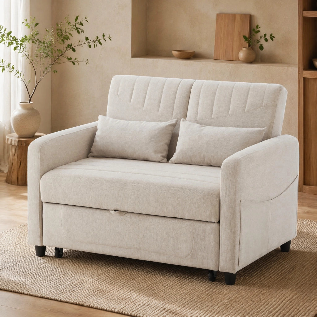 Divano Letto 2 Posti con Schienale Regolabile a 3 Posizioni e 2 Cuscini, in Tessuto Cotone Lino Beige