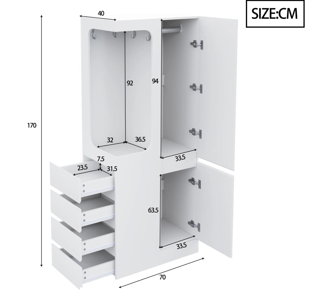Armadio a un'anta 70x40x170 cm con 4 cassetti e vano appendiabiti aperto; bianco