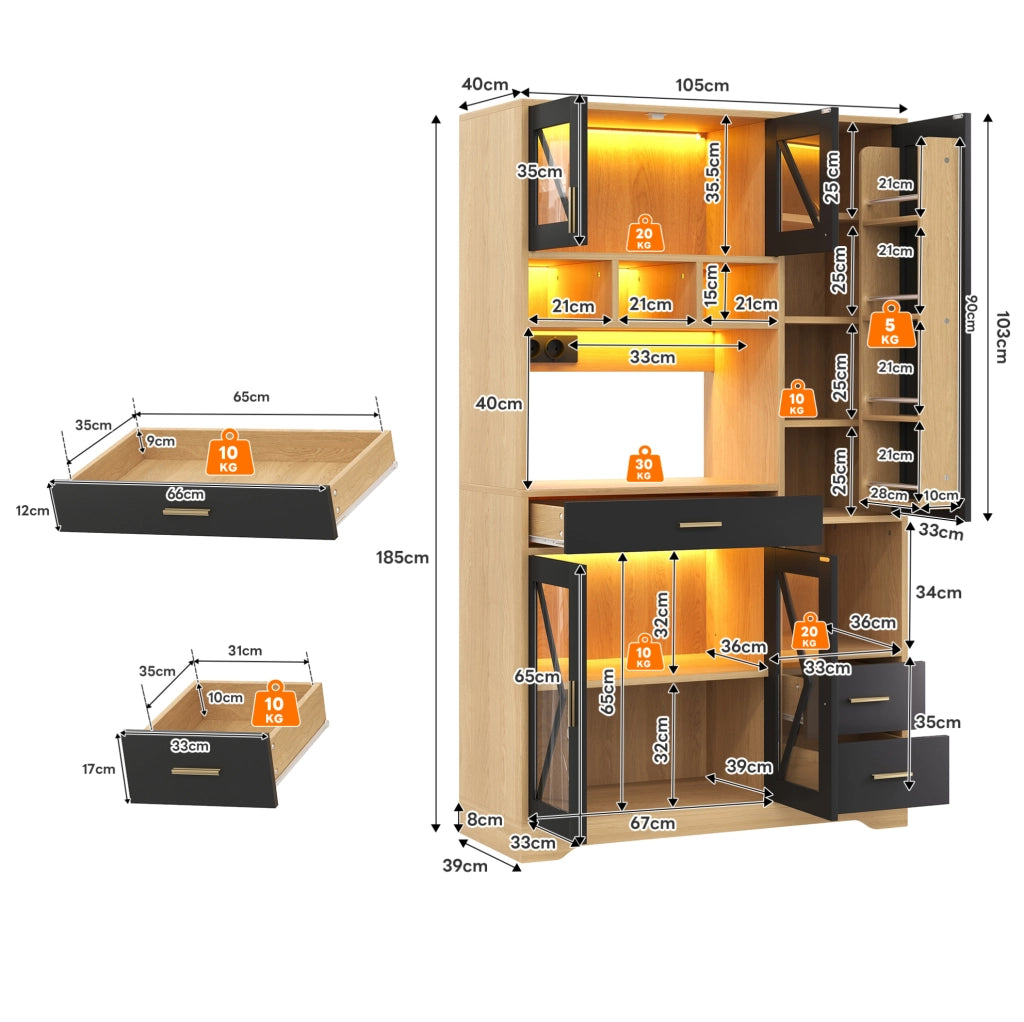 Credenza buffet 105x40x185 cm con LED a colori e prese; in MDF; nero naturale