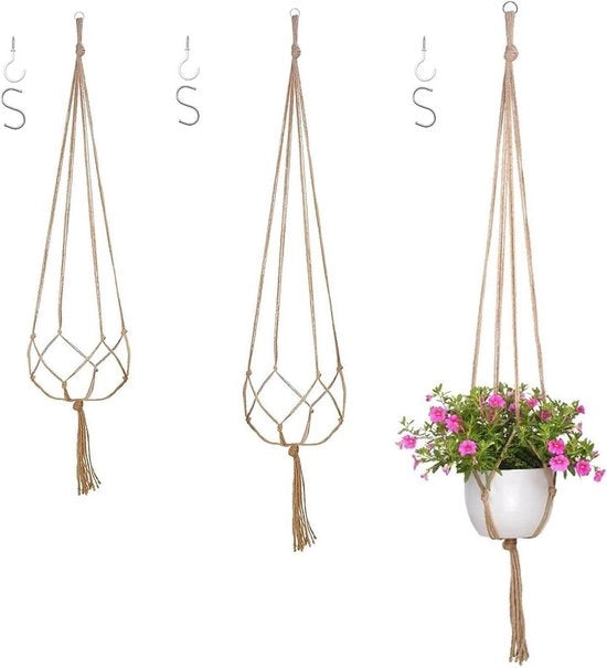 Set di 3 corda da macramè per piante in juta con gancio, 90cm, 100cm, 120cm, rete per vaso da fiore con tassello per piante da interni