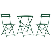 Set da bistrot 3 pezzi verde scuro in metallo pieghevole con schienale a doghe per esterni
