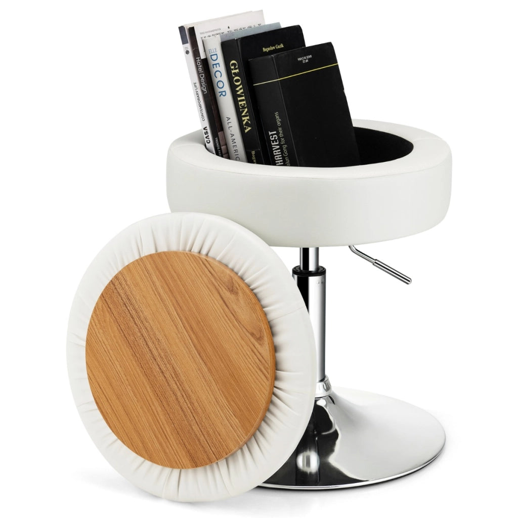 Sgabello girevole a 360¡ã per vanit¨¤ con portaoggetti, Sedia in pelle PU regolabile in altezza da 51-66cm Bianco-Sgabelli