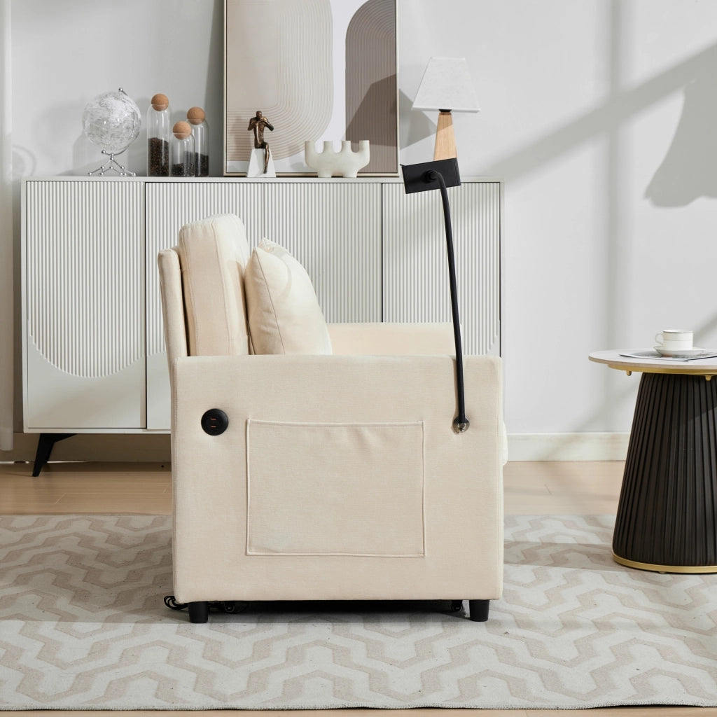 Divano letto multifunzione con porta USB e supporto tablet in tessuto lino spazzolato beige 109 × 72 × 83,5 cm