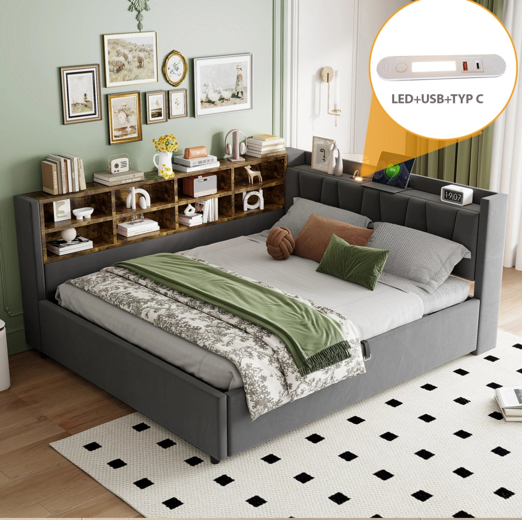 Letto imbottito 140x200 cm con vano idraulico e prese USB-C