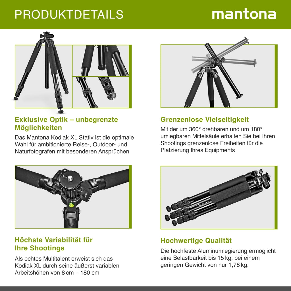 Mantona Cavalletto fotografico Kodiak XL, in alluminio, altezza max 180 cm, fino a 18 kg, colonna centrale 180°, Treppiedi Stativo fotografia