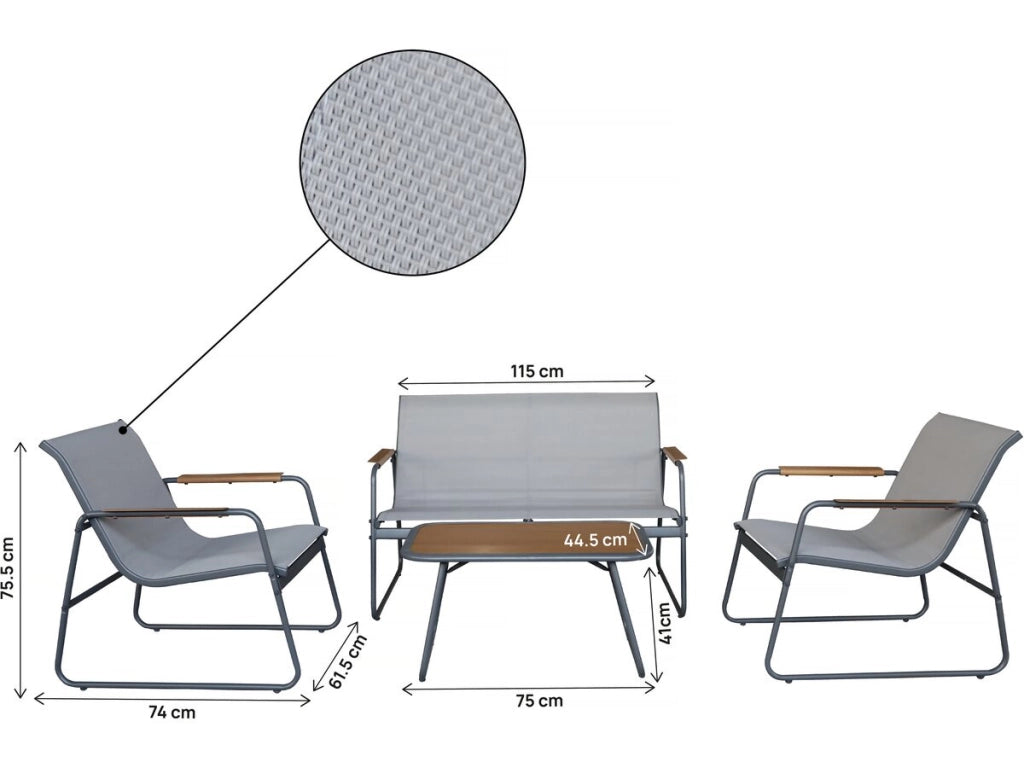 Set di mobili da giardino in metallo "Sparta" con decoro in finto legno - 4 posti - Grigio chiaro