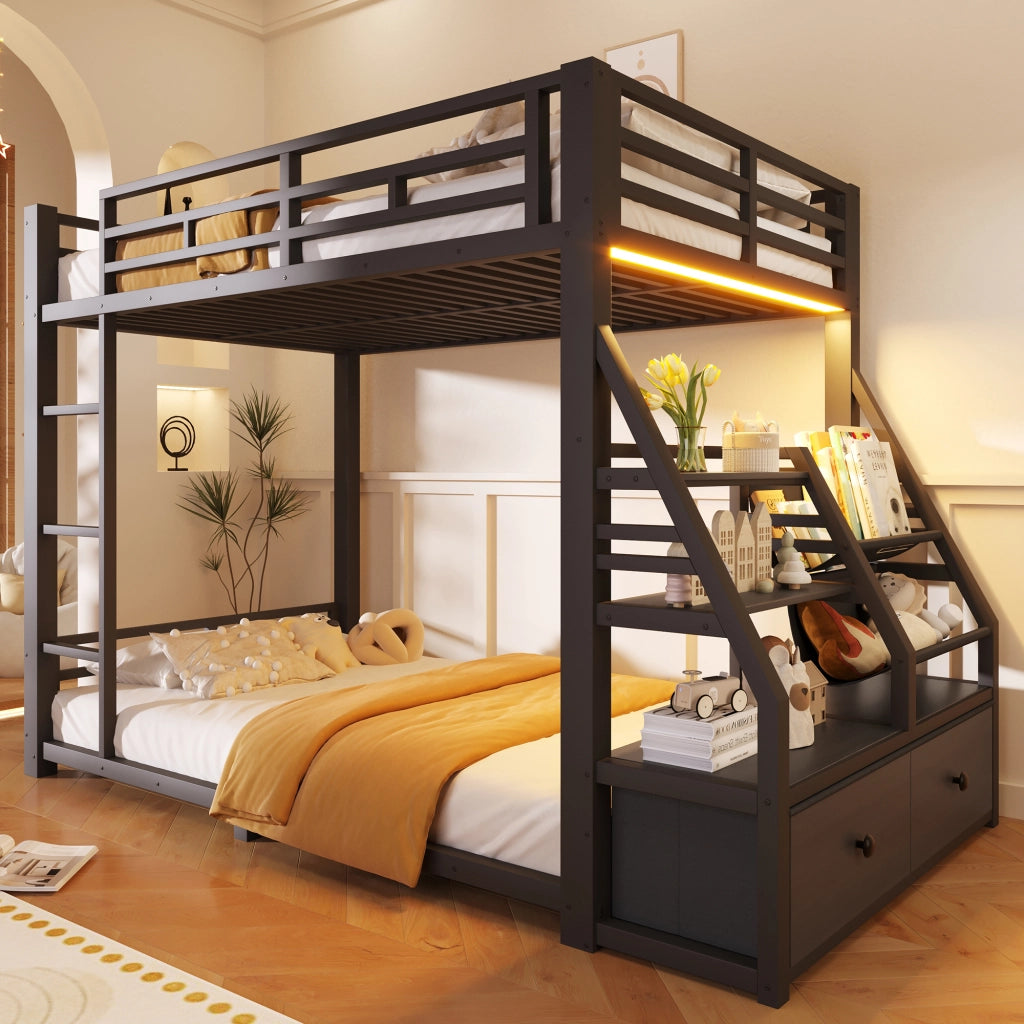 LETTO A CASTELLO 90x200 cm in metallo e legno, nero, con LED e 2 cassetti in tessuto