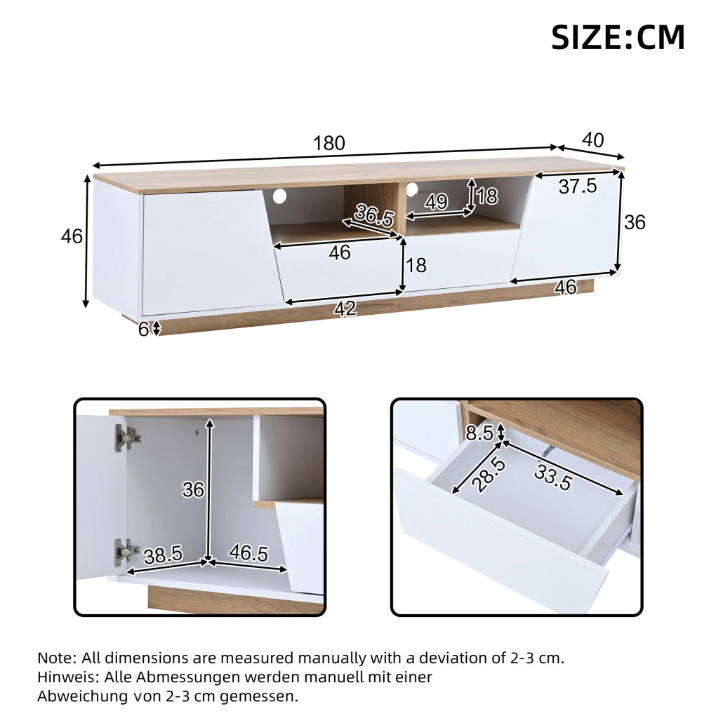 Mobile TV LED 180x40x46 cm bianco e legno con 2 ante e 2 cassetti