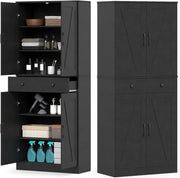 Credenza Alta da Cucina in Legno, 2 Armadi con Ante e 1 Cassetto, Mobile Buffet con 3 Ripiani Regolabili, Mobiletto Multiuso per Soggiorno, Sala da Pranzo, 77x39x183cm(In 2 Pacchi) (Nero)