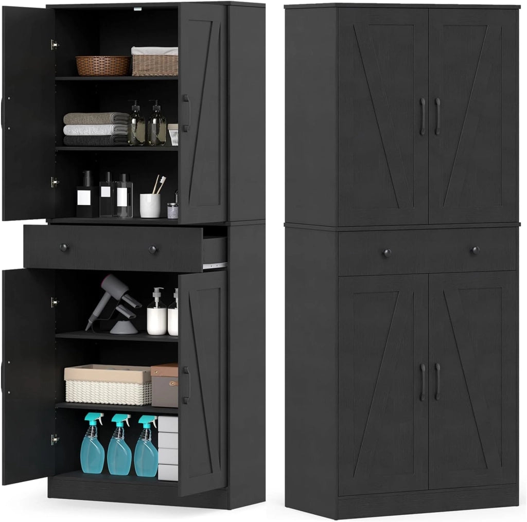 Credenza Alta da Cucina in Legno, 2 Armadi con Ante e 1 Cassetto, Mobile Buffet con 3 Ripiani Regolabili, Mobiletto Multiuso per Soggiorno, Sala da Pranzo, 77x39x183cm(In 2 Pacchi) (Nero)
