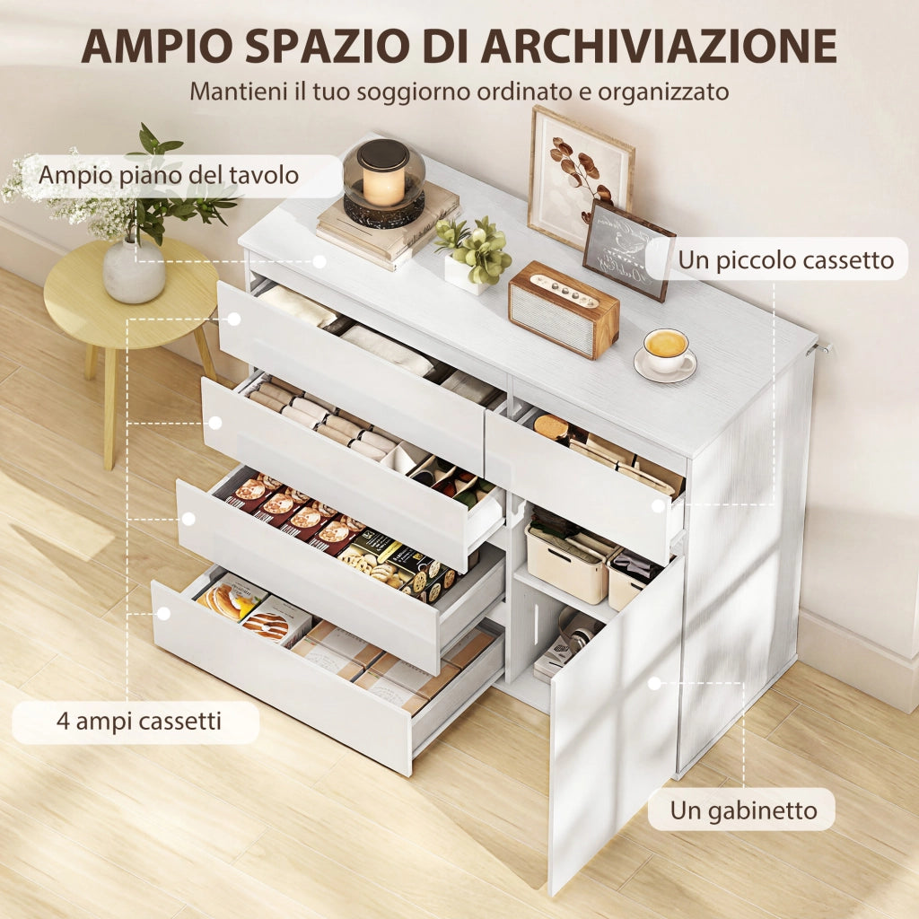 Credenza, Mobile con 5 Cassetti, Ripiano Regolabile, Bianco Lucido.