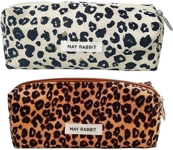 Etui a 2 pezzi in corduroy, etui in pelle naturale, etui portatile con chiusura a righello, etui estetico, per ragazzi, uomini e donne (marrone + bianco crema)