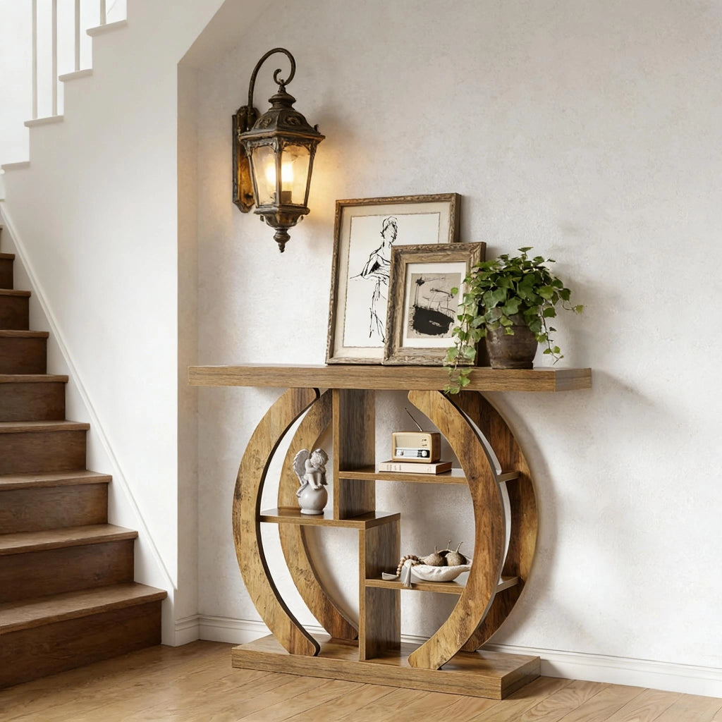 Consolle salvaspazio a 4 livelli con 4 ripiani in legno, stile rustico, per ingresso e soggiorno, marrone, 108 cm