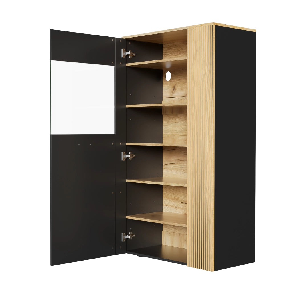 OKWISH Mobile contenitore con 1 anta in vetro, 3 ripiani fissi e 2 regolabili, LED e passacavi, 80 x 40 x 146 cm