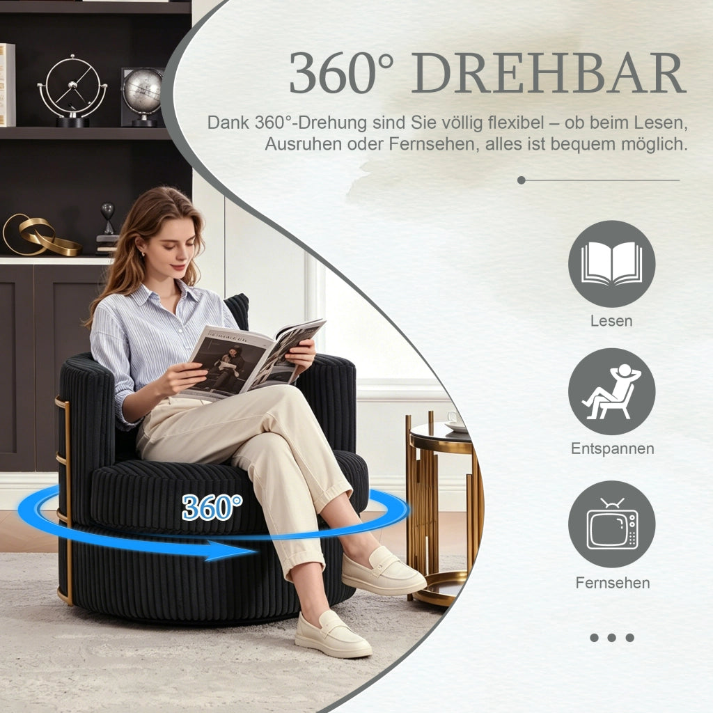 POLTRONA girevole 360° con vano contenitore 76x79x78 cm in velluto a coste nero