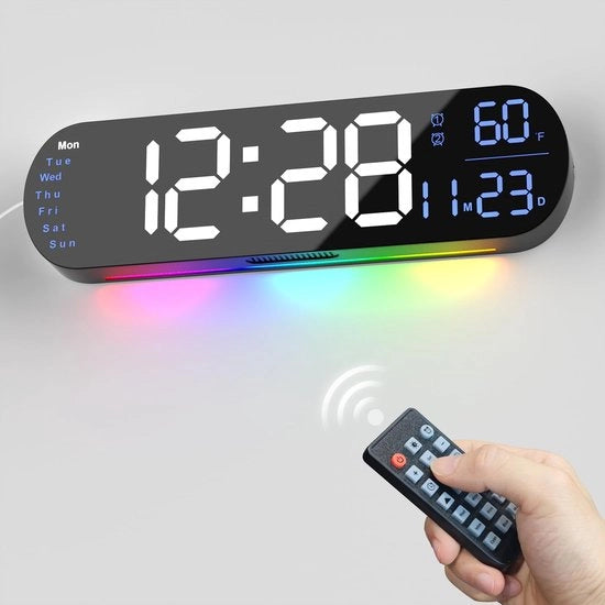 Orologio Digitale per Parete con Comando a Distanza, 34 cm, Illuminazione Automatica, 9 Sfumature RGB, Due Alarms e Timer, Modalità 12/24 Ore, Temperatura per Camera da Letto, Decorazione per Parete
