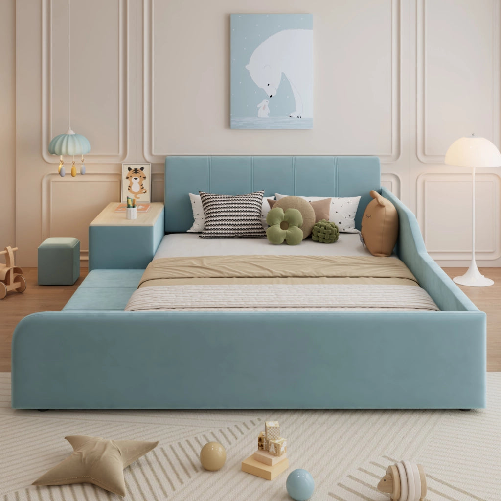 Letto singolo imbottito con scrivania laterale e sgabello, 140x200 cm, velluto blu