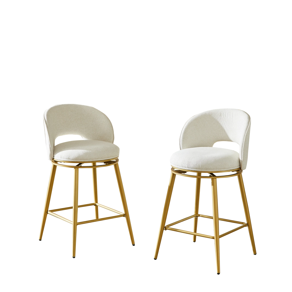 Sgabelli da Bar Girevoli in Chenille ¨C MINIMAL ¨C Set 2 Pezzi, Struttura in Metallo Oro