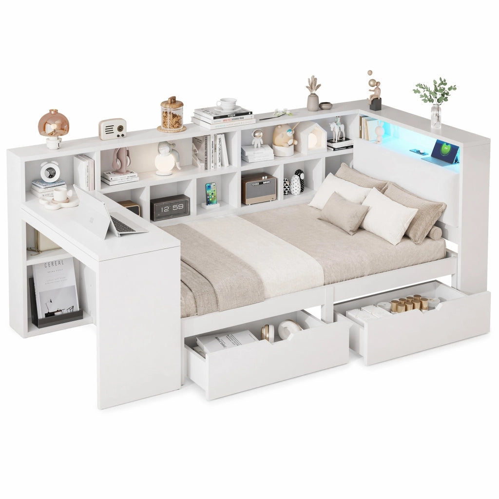 Letto a piattaforma L 90x200 con scrivania; libreria; LED e USB; bianco