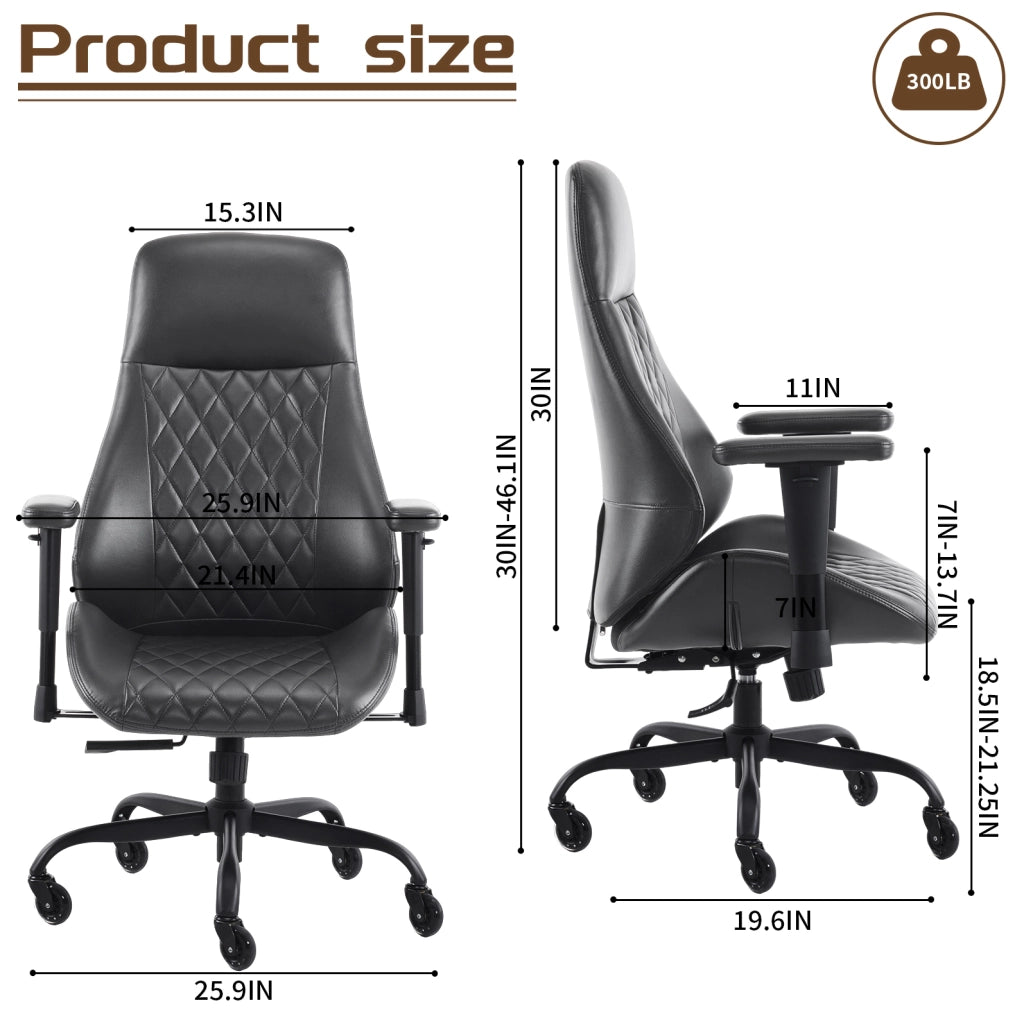Sedia da ufficio ergonomica nera in pelle con braccioli regolabili; seduta 21x20 pollici