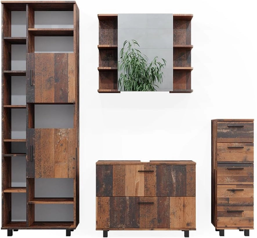 Set di mobili da bagno Ilias, Rovere rustico, 80.2 cm, composto da mobile lavabo, pensile a specchio, colonna e base media