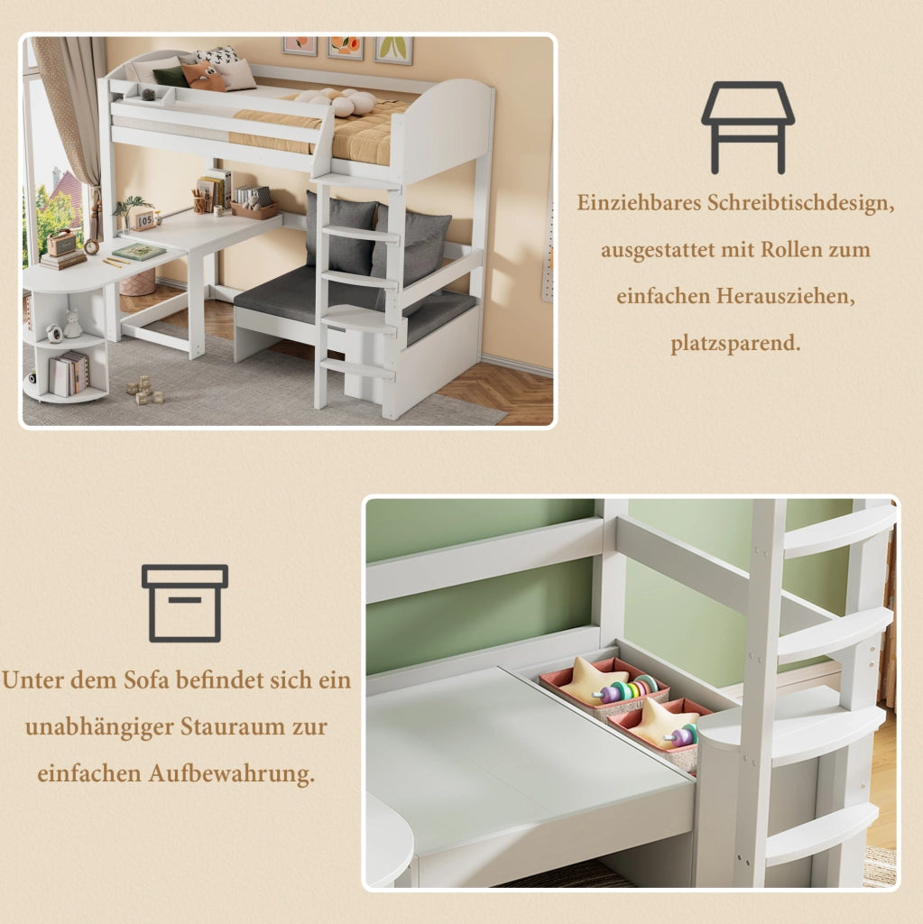 Letto a castello per bambini 90x200 cm in legno massiccio bianco con scrivania estraibile e contenitore