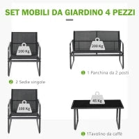 Set Tavolino con Panchina e 2 Sedie da Giardino, Arredamento da Esterno in Metallo e Texteline, Nero