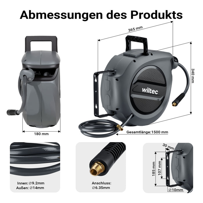 Avvolgitubo automatico per aria compressa 15 m, avvolgitubo in acciaio, 17 bar, con supporto girevole a 180°