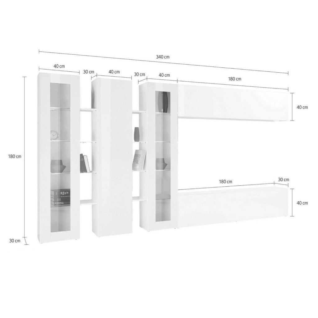 Parete attrezzata Atta, Set salotto porta TV a 5 ante, Mobile soggiorno multiuso, 100% Made in Italy, cm 340x30h180, Bianco lucido
