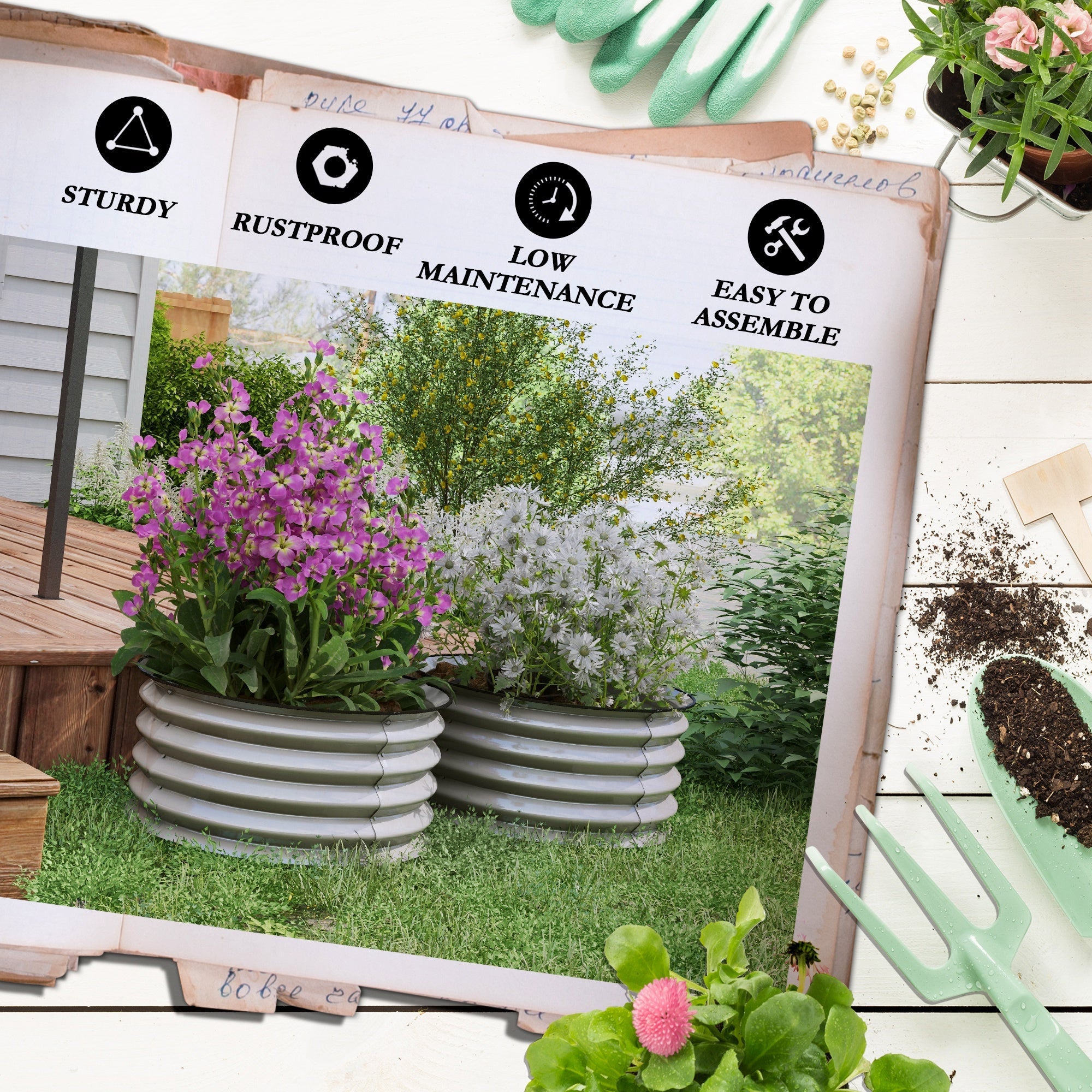 Set di 2 Letti per Orto Rialzati con Fondo Aperto Ø60x30 cm in Acciaio Galvanizzato Argento