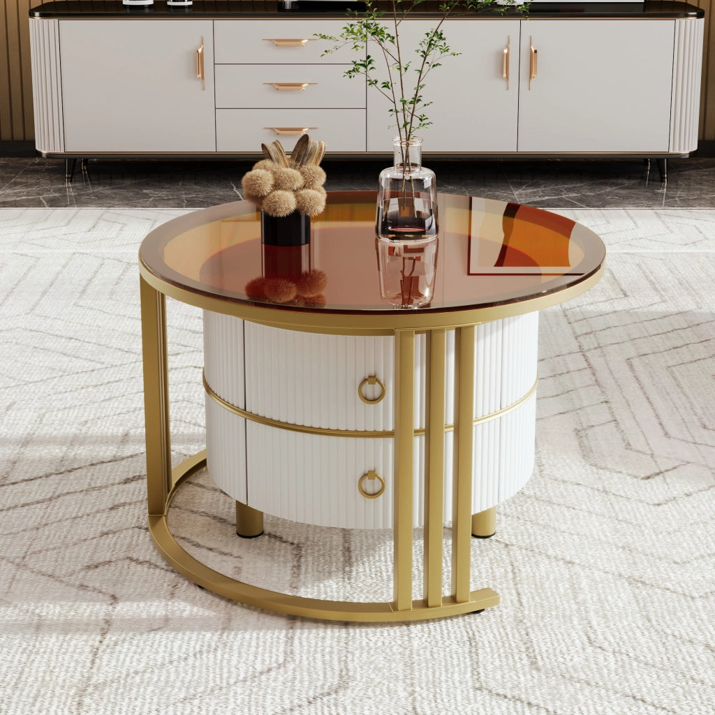 Tavolini da Caffè a Nido Rotondi con 2 Cassetti; Piano Bianco Lucido e Vetro Temperato Marrone; in MDF; Bianco; 70×70×45 + 50×50×40 cm