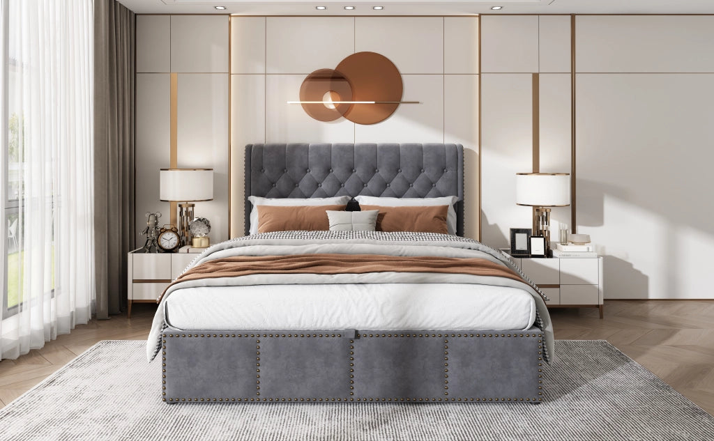 DESMIU Letto contenitore 140 × 190 cm 2 posti con vano, senza materasso, in velluto, grigio