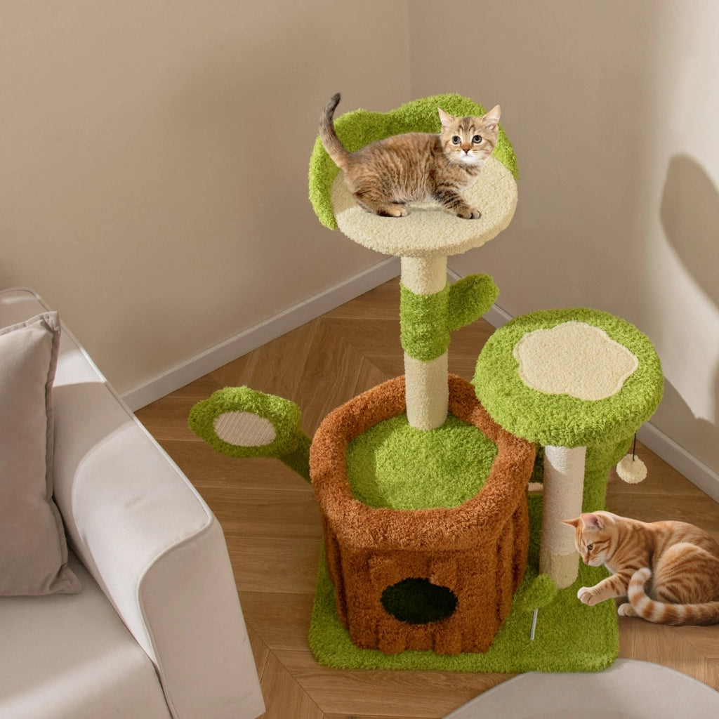 Torre multilivello per gattini con condominio tronco e letto imbottito, Centro di attivit¨¤ da interno per animali Verde-Alberi Tiragraffi