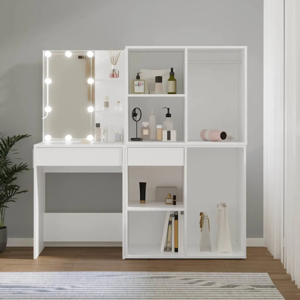 Toeletta | Tavolo da Trucco LED con 2 Armadietti in Legno Multistrato Bianco