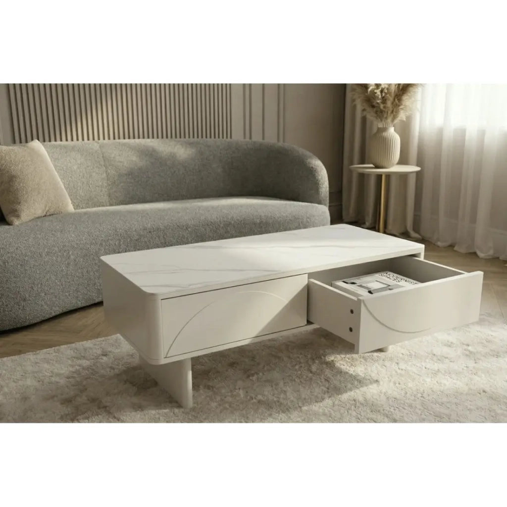Tavolino chic MIYA 120 cm – Piano in ceramica effetto marmo bianco e 2 cassetti