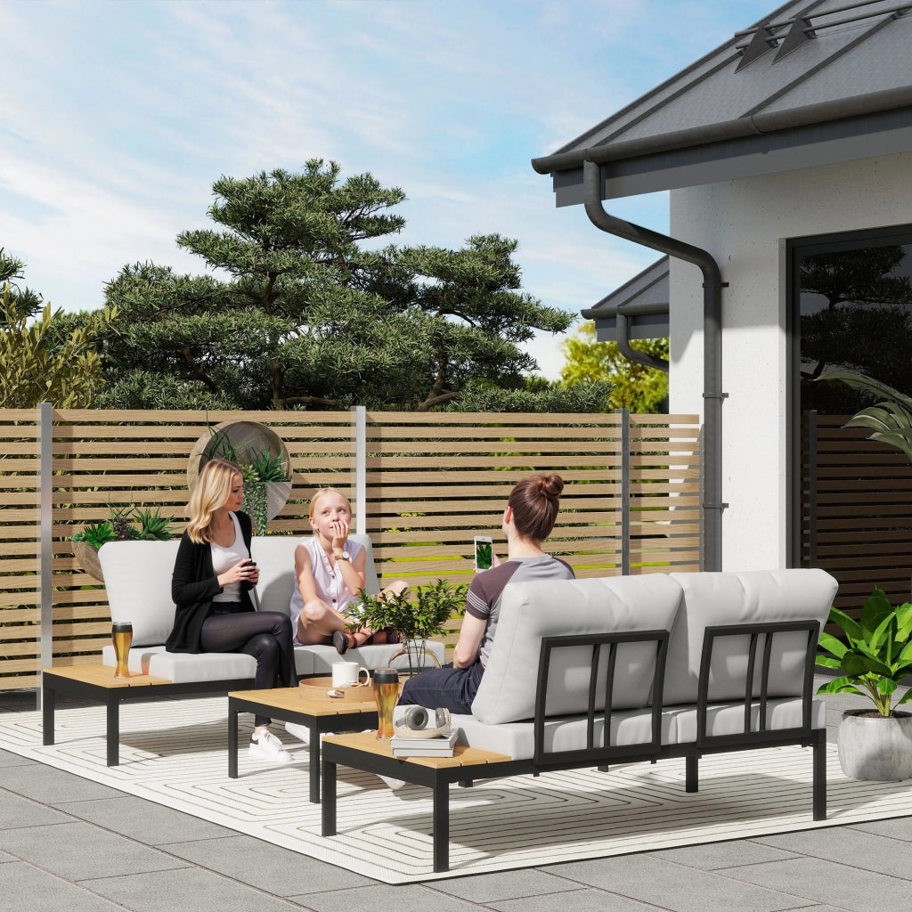 Set Salotto da Giardino Modulabile 2 Divanetti e 2 Tavolini in Metallo e Legno Composito Grigio Nero e Teak