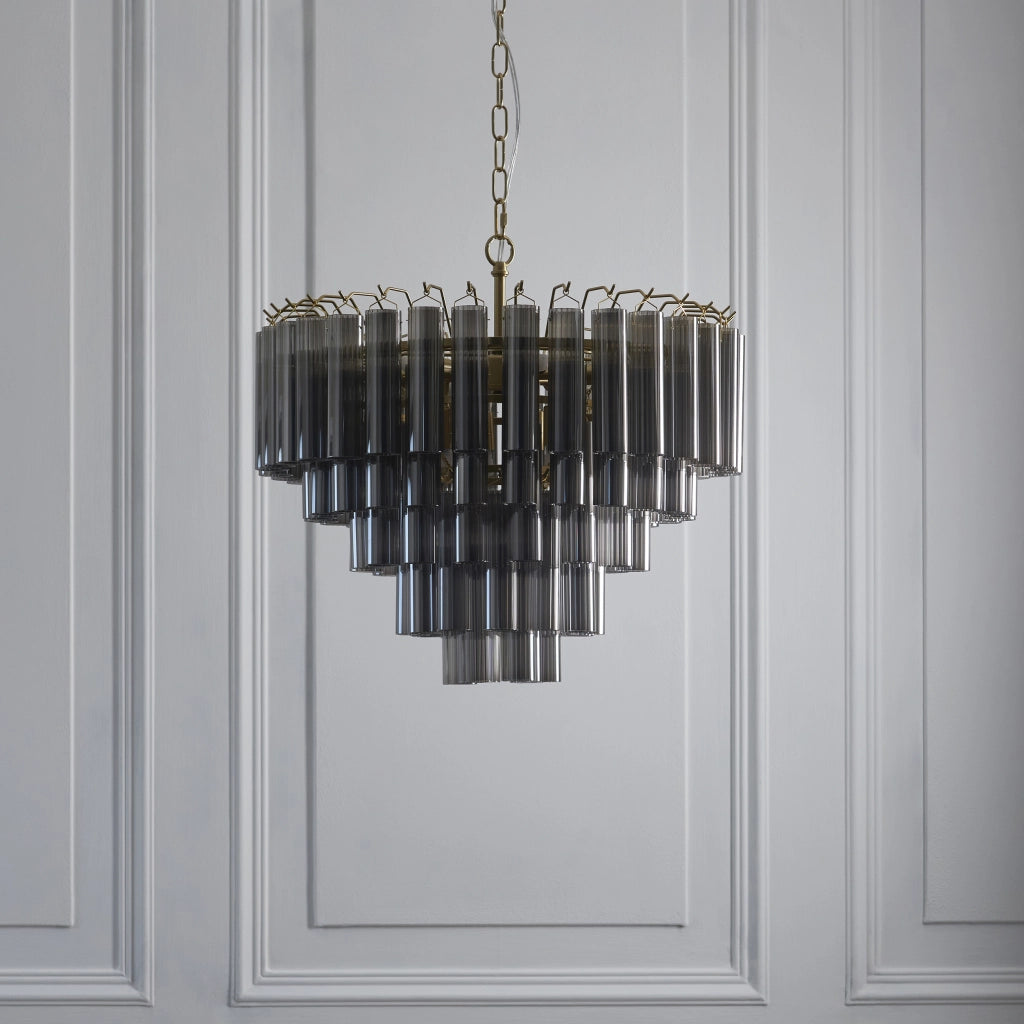 Lampadario Toulouse ottone satinato vetro fumé 12xG9 Endon