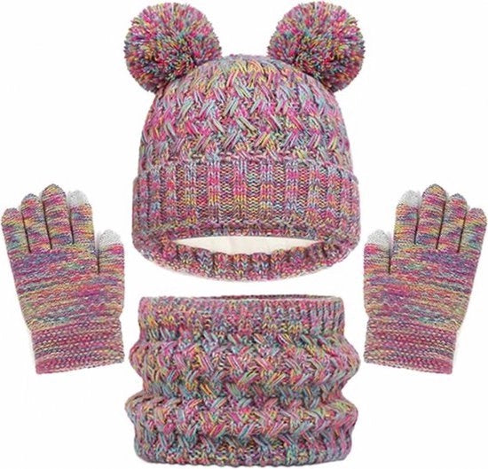 Set di cappello, guanti e sciarpa iridescente per bambini, 3 pezzi, guanti touchscreen, copricapo caldo con collo in lana, accessori invernali per ragazze e ragazzi da 2 a 8 anni, per sci e attività all'aperto