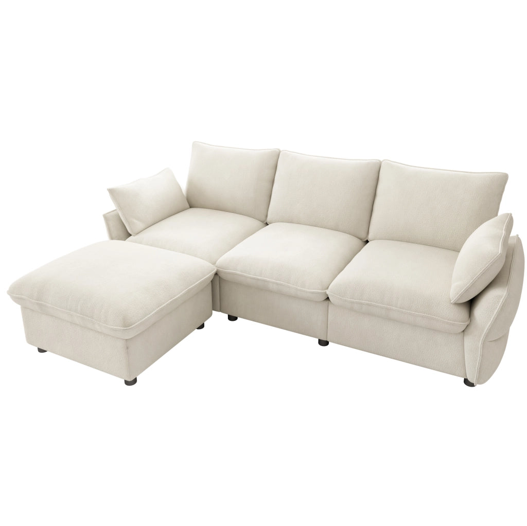 Divano angolare L in ciniglia beige con 2 cuscini