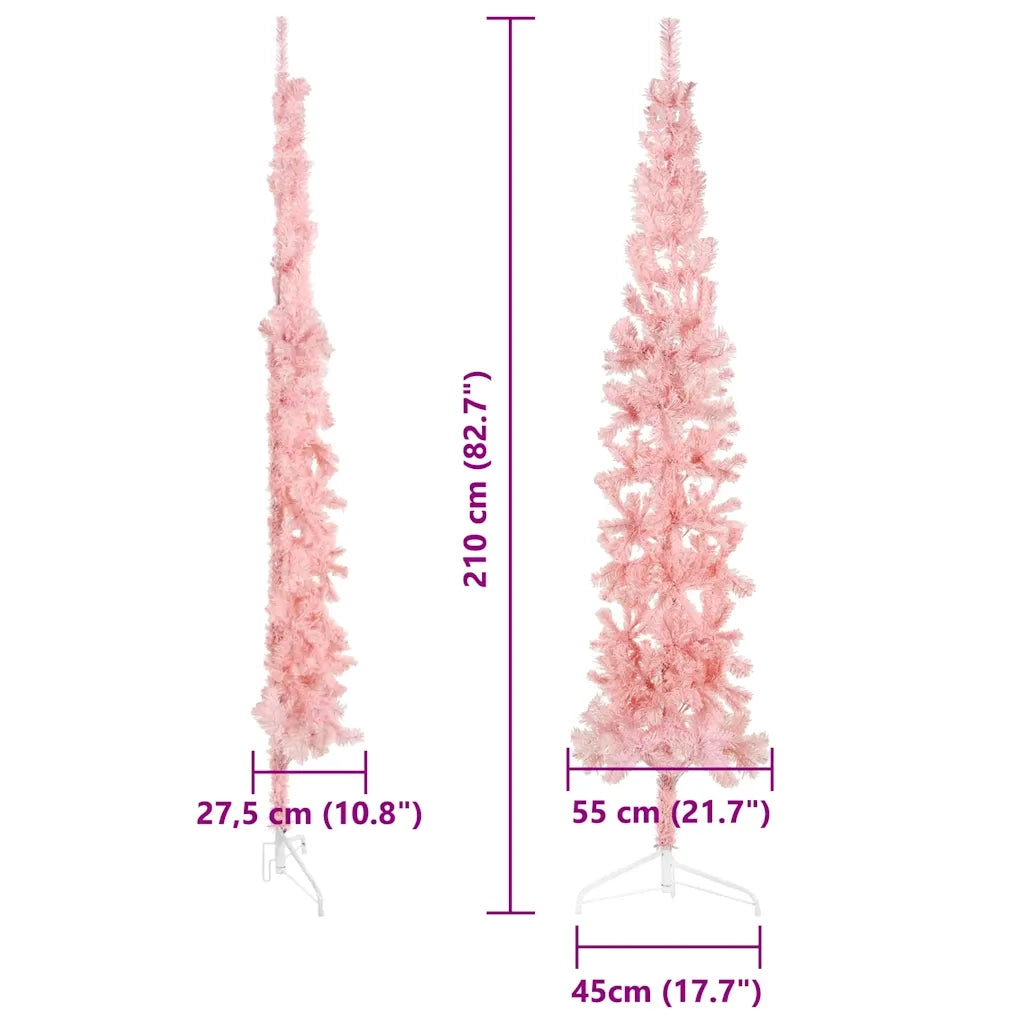 Albero Natale Artificiale Sottile a Met¨¤ e Supporto-Albero Natalizio Rosa 210 cm